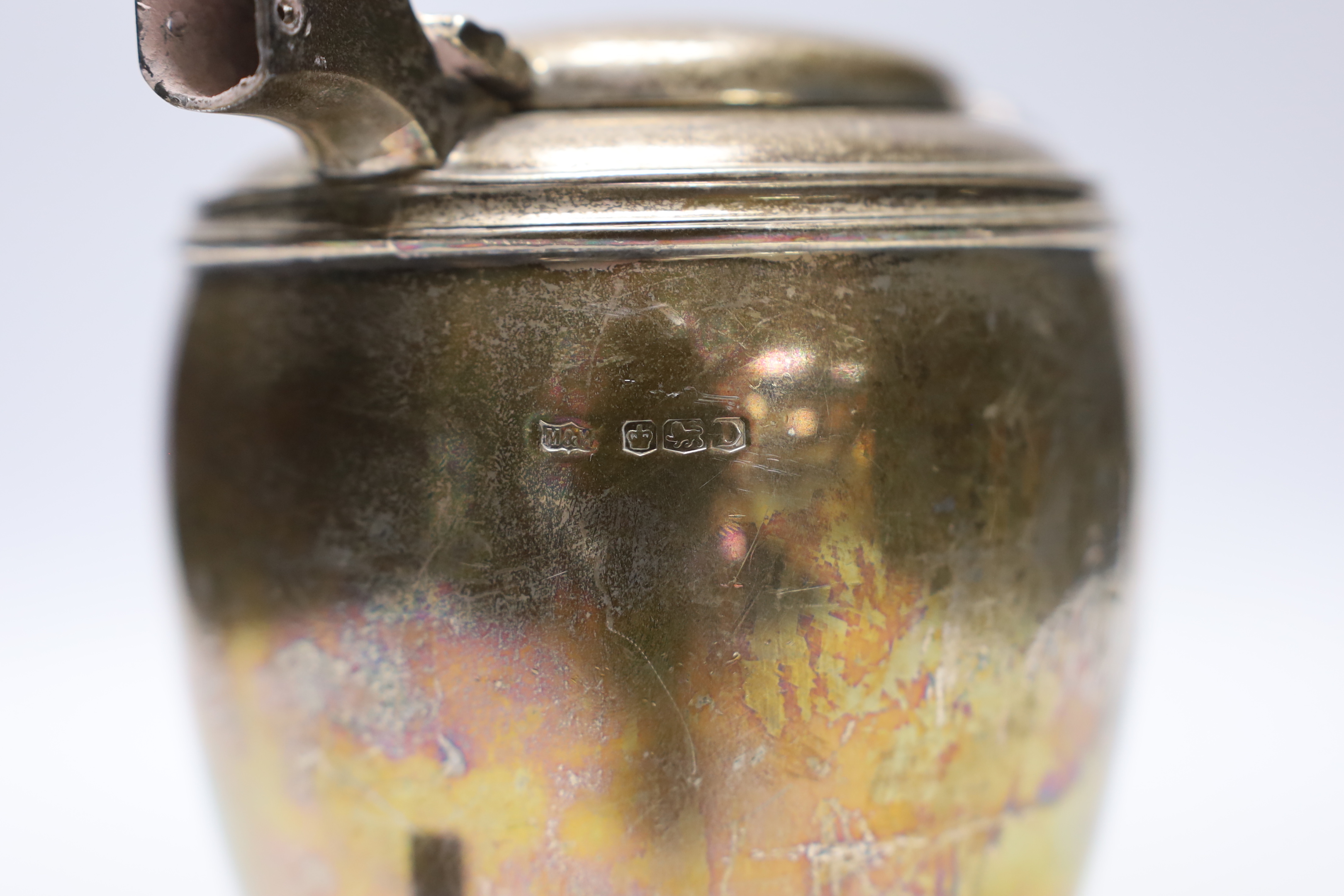 A George VI Mappin & Webb silver hot water pot, lacking handled and finial, Mappin & Webb, Sheffield, 1946, 18.1oz.